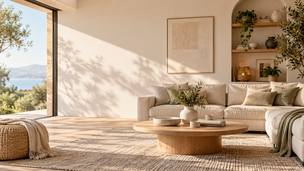 Sala moderna y cálida con soluciones prácticas para el hogar